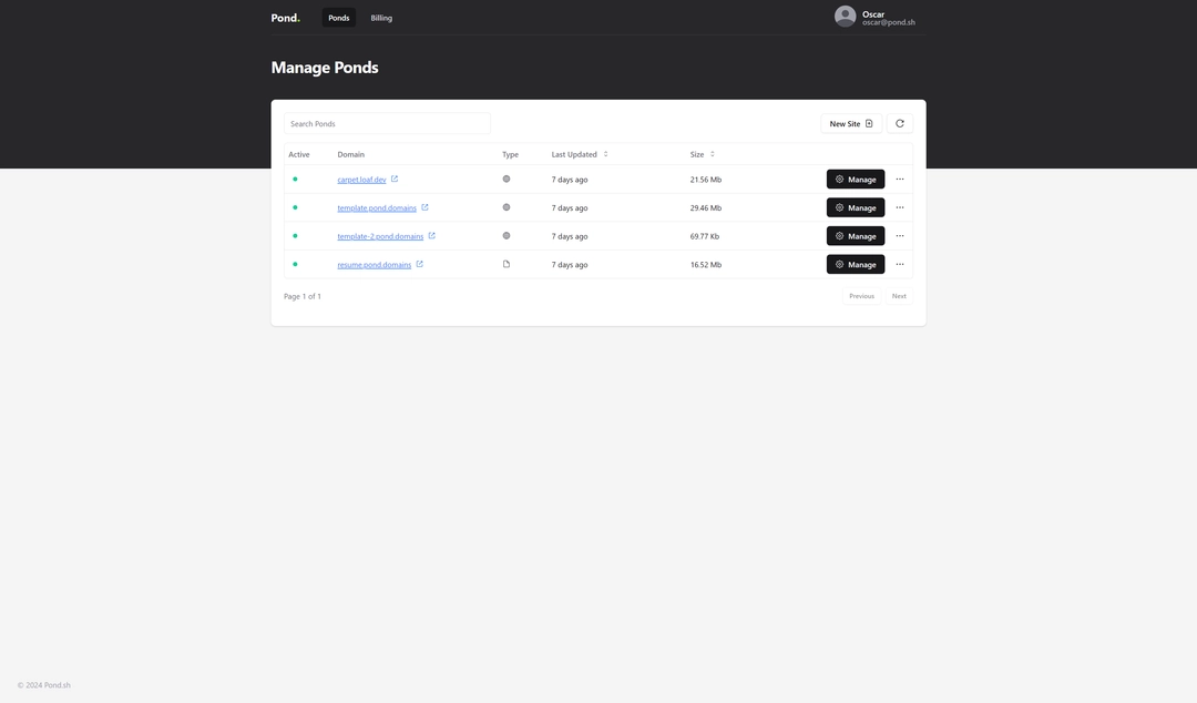 Pond.sh Dashboard